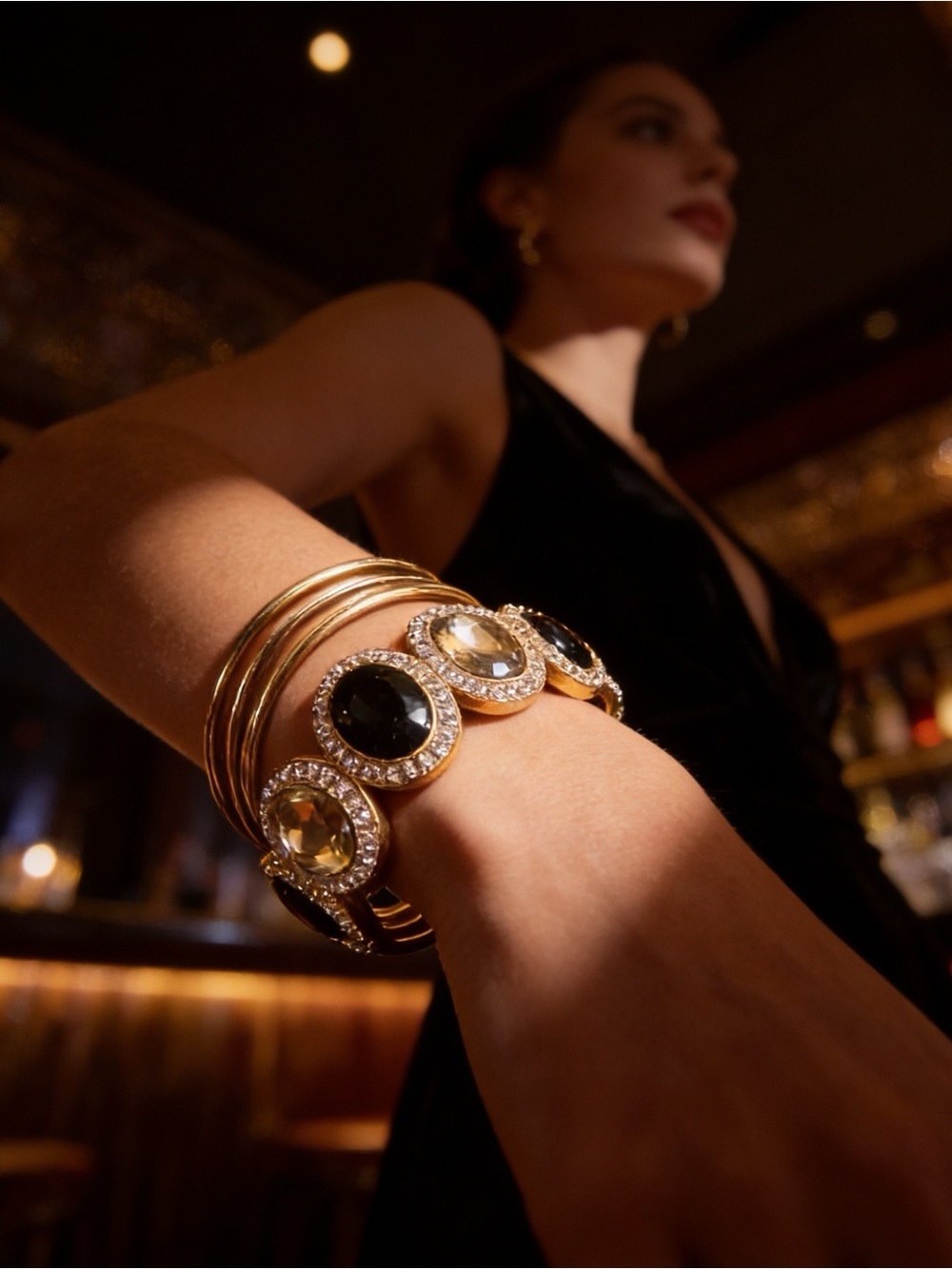 Chunky Gold-Tone Multi-Color Crystal Stretch Bracelet